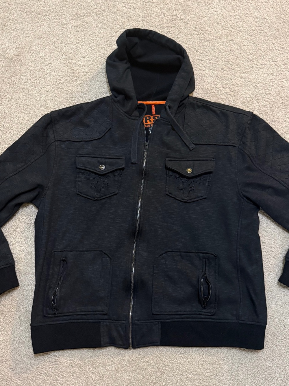 Rock Revival Men’s 3XL Black Quilted Full Zip Hoodie Jacket XXXL